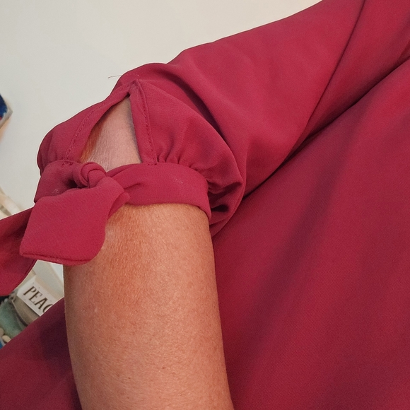 Beautiful burgundy off the shoulder blouse with 3/4 sleeves and lace trim. - Picture 6 of 6